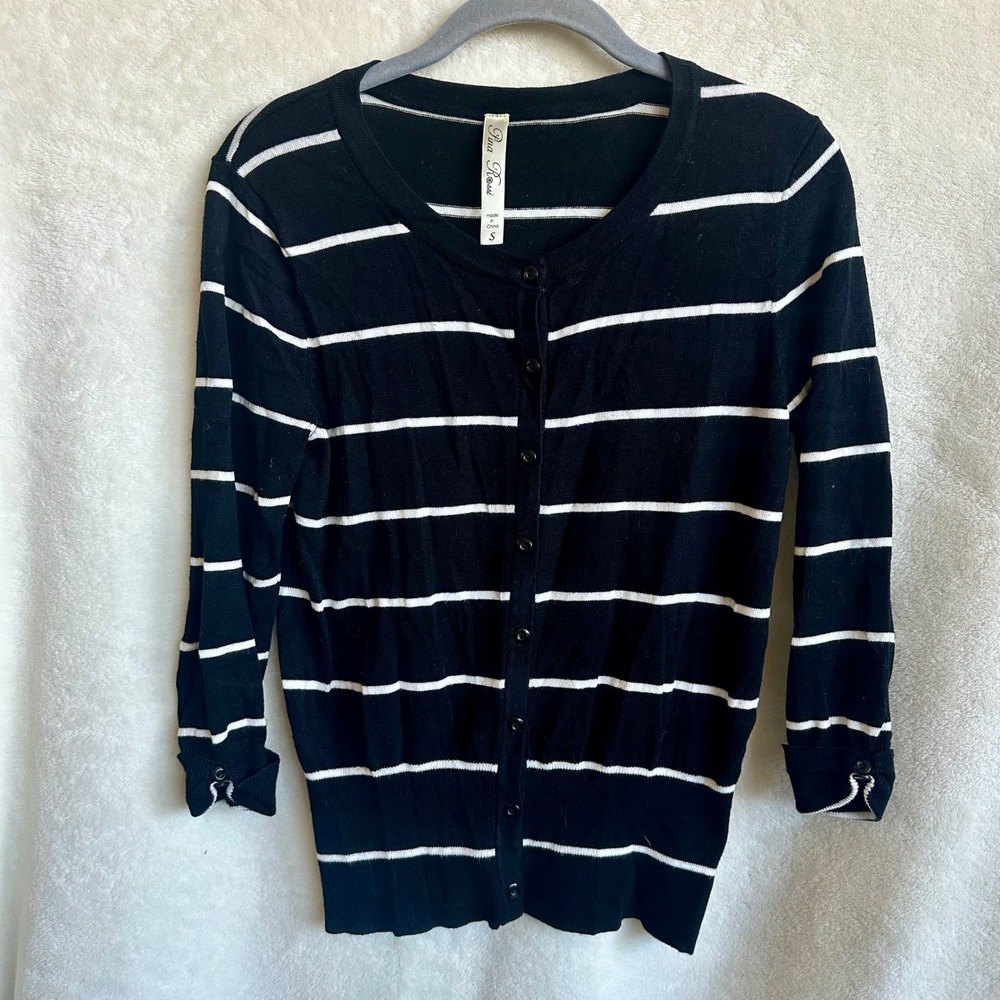 Pina Rossi Womens Black White Striped Rayon Blend 3/4‎ Sleeve Cardigan Small
